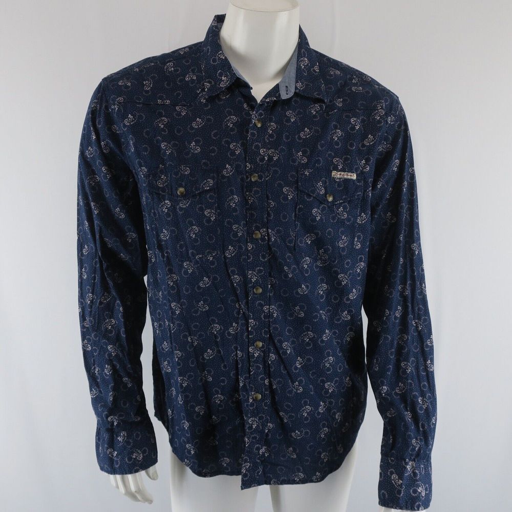 Lucky Brand Long Sleeve Pearl Snap Button Up Western Shirt Mens L Paisley Print